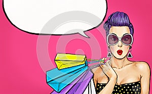 Pop Art girl with shopping bags. Comic woman. girl.