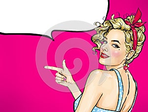 Pop Art girl showing something. Fnger pointing smiling woman.