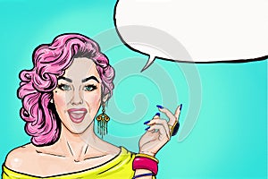 Pop Art girl with speech bubble. Party invitation. Birthday card. advising, movie star. Comic woman. girl. Sale