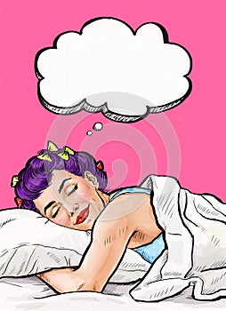 Pop Art girl with thought bubble. Party invitation. Birthday card. Hollywood, movie star. Com.Gossip girl. Red cheeks