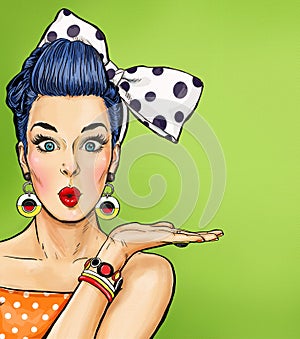 Pop Art girl with thought bubble. Party invitation. Birthday card. Hollywood, movie star. Com. Gossip girl. Red cheeks