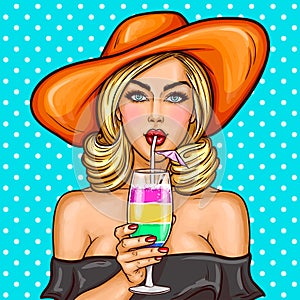 pop art girl in a wide-brimmed hat drinks her cocktail through a straw