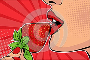 Pop art Girls lips with strawberry. Woman eating healthy food. Erotic fantasy.