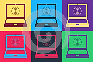 Pop art Globe on screen of laptop icon isolated on color background. Notebook computer with globe sign. Vector