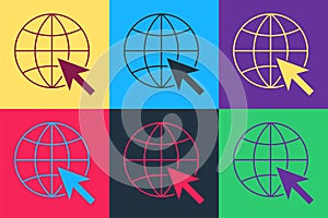 Pop art Go To Web icon isolated on color background. Globe and cursor. Website pictogram. World wide web symbol. Vector