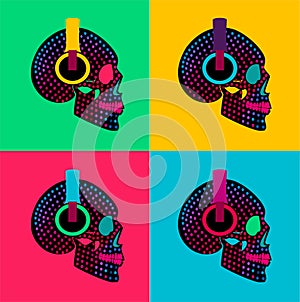 Pop art graffiti halftone skull icons with headphones. Music background vector illustration