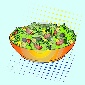 Pop art Greek salad or Horiatiki salad. Proper nutrition. Food raster. imitation comic style.