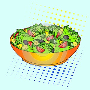 Pop art Greek salad or Horiatiki salad. Proper nutrition. Food vector. imitation comic style.