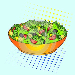 Pop art Greek salad or Horiatiki salad. Proper nutrition. Food vector. imitation comic style. photo