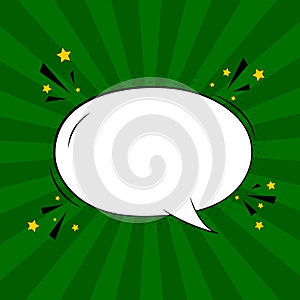 Pop art green background with comic speech bubble. Retro sunburst with drawing cloud for speak text. Sketch balloon for word.