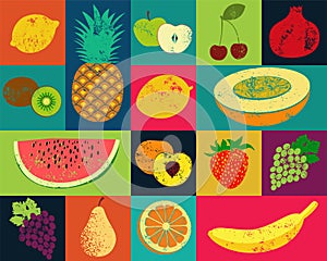 Pop Art grunge style fruit poster. Collection of retro fruits. Vintage vector set of fruits.