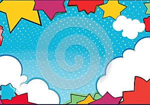 Pop art halftone background. Comic starburst pattern. Blue banner with star speech bubble