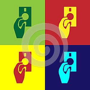 Pop art Hand holding money icon isolated on color background. Dollar or USD symbol. Cash Banking currency sign. Vector