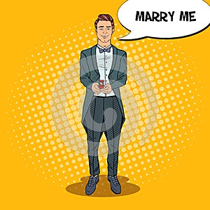 Pop Art Handsome Man in Tail-Coat with Wedding Ring. Marriage Proposal
