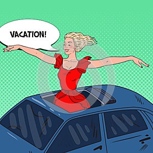 Pop Art Happy Blonde Woman Standing in a Car Sunroof with Arms Wide Open