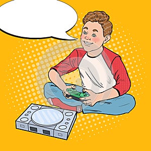 Pop Art Happy Boy Playing Video Game. Kid with Control Console