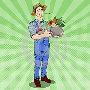 Pop Art Happy Farmer Holding Basket with Fresh Vegetables