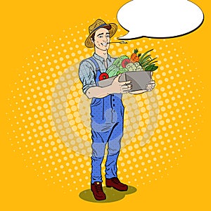 Pop Art Happy Farmer Holding Basket with Fresh Vegetables