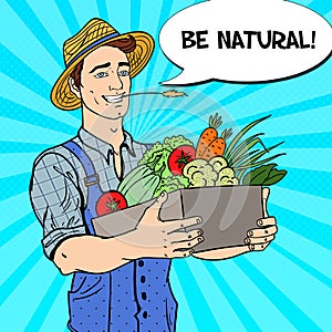 Pop Art Happy Farmer Holding Basket with Fresh Vegetables