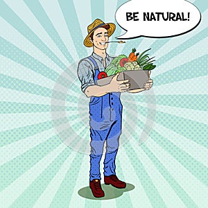 Pop Art Happy Farmer Holding Basket with Fresh Vegetables