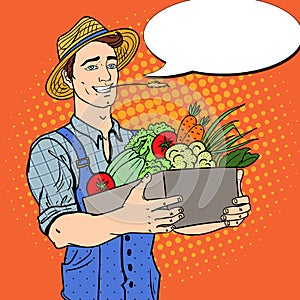 Pop Art Happy Farmer Holding Basket with Fresh Vegetables