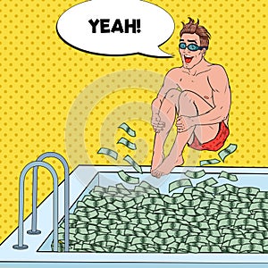 Pop Art Happy Man Jumping to the Pool of Money. Successful Businessman. Financial Success, Wealth Concept