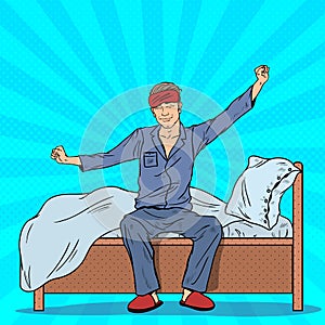 Pop Art Happy Man Stretching on Bed after Waking Up