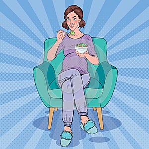 Pop Art Happy Pregnant Woman Eating Salad at Home. Healthy Food, Motherhood Concept