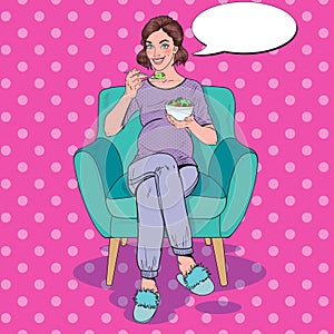 Pop Art Happy Pregnant Woman Eating Salad at Home. Healthy Food, Motherhood Concept