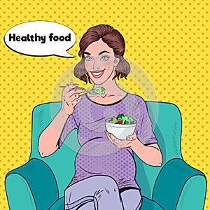 Pop Art Happy Pregnant Woman Eating Salad at Home. Healthy Food, Motherhood Concept