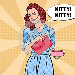 Pop Art Happy Woman with Feline Feed and Bowl. Pet Care