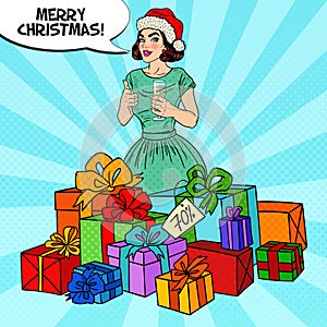 Pop Art Happy Woman in Santa Hat with Big Gift Boxes and Champagne Glass