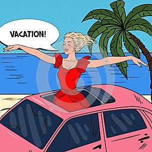 Pop Art Happy Woman Standing in a Car Sunroof with Arms Wide Open. Beach Vacation