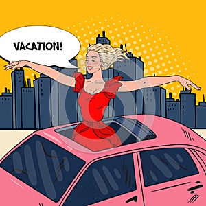 Pop Art Happy Woman Standing in a Car Sunroof with Arms Wide Open in the City