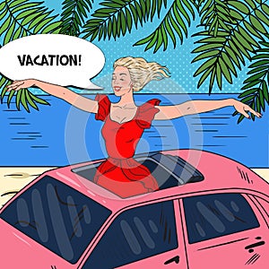 Pop Art Happy Woman Standing in a Pink Car Sunroof with Arms Wide Open. Beach Vacation photo