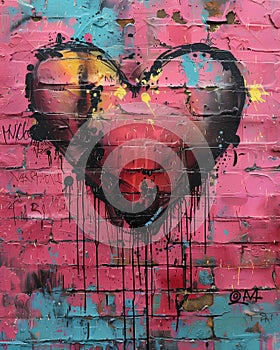 Pop Art Heart Graffiti, Street Spray Paint, Pink Brick Wall, Grunge Art, Vibrant Color, Pink, Black, Red, Aqua, Yellow, Blue,