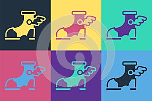 Pop art Hermes sandal icon isolated on color background. Ancient greek god Hermes. Running shoe with wings. Vector