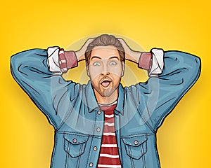 Pop art hipster man with shocked face expression