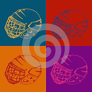 Pop art Hockey Helmet with mask. Side view. Sports Vector pattern. Ice hockey sports equipment on colorful background