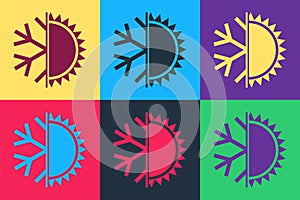 Pop art Hot and cold symbol. Sun and snowflake icon isolated on color background. Winter and summer symbol. Vector