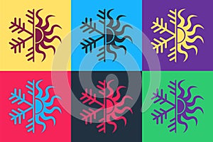 Pop art Hot and cold symbol. Sun and snowflake icon isolated on color background. Winter and summer symbol. Vector