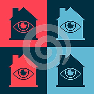 Pop art House with eye scan icon isolated on color background. Scanning eye. Security check symbol. Cyber eye sign