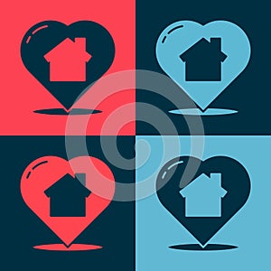 Pop art House with heart shape icon isolated on color background. Love home symbol. Family, real estate and realty