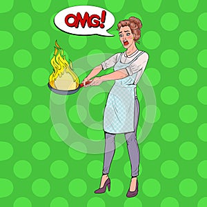 Pop Art Housewife in the Kitchen Holding Pan. Afraid Young Woman in Apron Cooking with Burning Pan