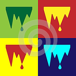 Pop art Icicle icon isolated on color background. Stalactite, ice spikes. Winter weather, snow crystals. Vector