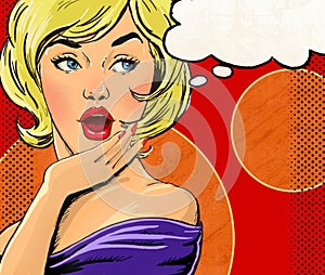 Pop Art illustration of blond girl with the speech bubble. Pop Art girl. Party invitation. Birthday greeting card.