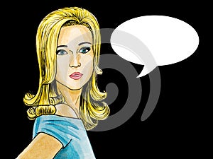 Pop Art illustration of blonde woman with the speech bubble.