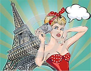 Pop Art illustration Fashion woman near Eiffel Tower takes pictures