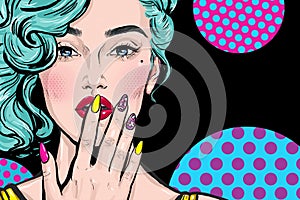 Pop Art illustration of girl with hand.Pop Art girl. Comic woman.Sexy girl. Nails. Lipstick