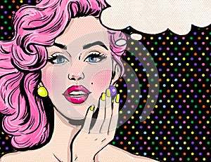 Pop Art illustration of girl with the speech bubble.Pop Art girl. Party invitation.